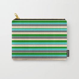 [ Thumbnail: Green, Turquoise, Dim Grey, and Bisque Colored Striped/Lined Pattern Carry-All Pouch ]