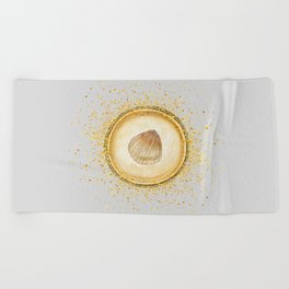 Watercolor Seashell Gold Circle Pendant on Silver Grey Beach Towel