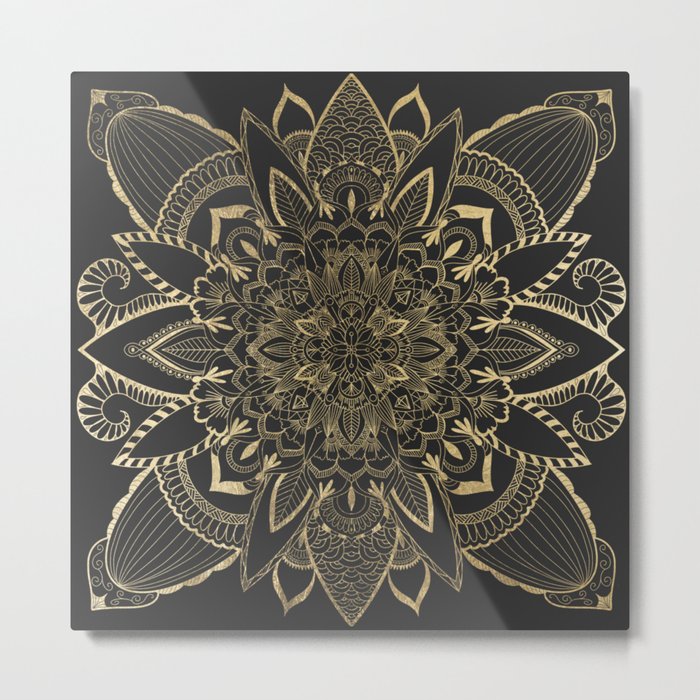 Abstract geometric black gold spiritual floral mandala Metal Print