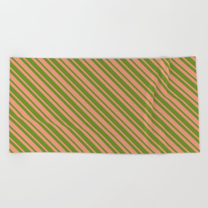 Dark Salmon and Green Colored Lined Pattern Beach Towel