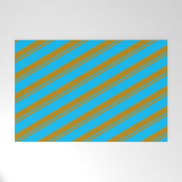 [ Thumbnail: Dark Goldenrod and Deep Sky Blue Colored Striped/Lined Pattern Welcome Mat ]