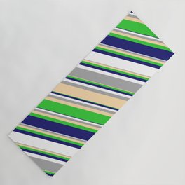 [ Thumbnail: Eyecatching Dark Grey, Tan, Lime Green, Midnight Blue, and White Colored Pattern of Stripes Yoga Mat ]