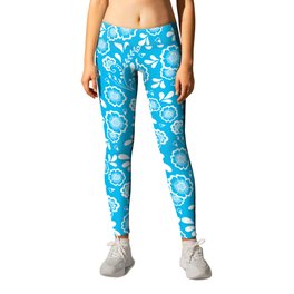Turquoise And White Eastern Floral Pattern Leggings