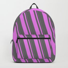 [ Thumbnail: Violet and Dim Grey Colored Pattern of Stripes Backpack ]