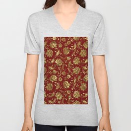 Shiny gold and burgundy red floral damasks pattern V Neck T Shirt