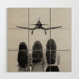 Sisters stand united; airplane coming in for a landing head on at three women sisterhood girl power black and white photograph - photography - photographs Wood Wall Art