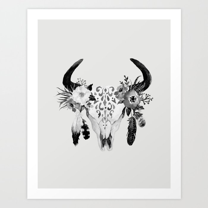 Floral Bohemian Watercolor Animal Stag Head Skull Peach Pink