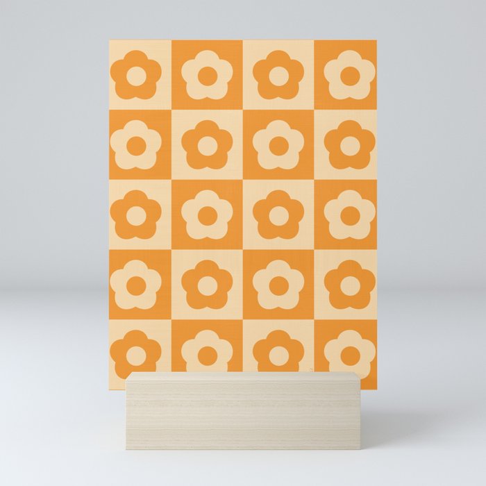 60s Checkered Daisies Summer Orange Mini Art Print