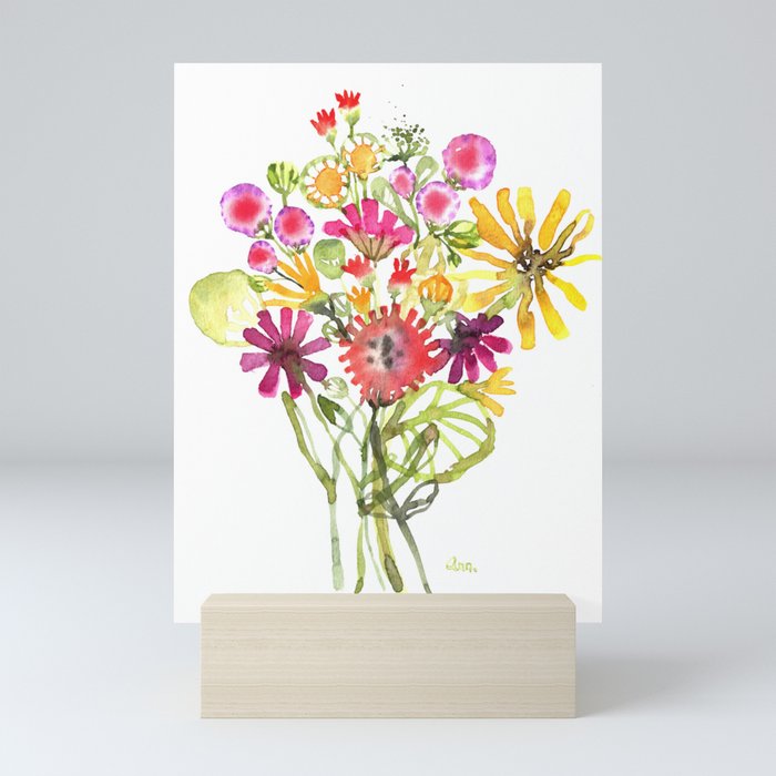 Flower Bouquet Watercolor Painting Mini Art Print