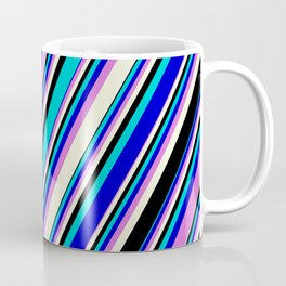 [ Thumbnail: Eye-catching Dark Turquoise, Blue, Orchid, Beige, and Black Colored Stripes Pattern Coffee Mug ]
