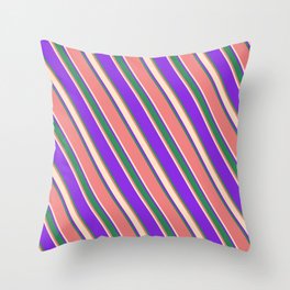 [ Thumbnail: Purple, Sea Green, Light Coral, and Bisque Colored Lined/Striped Pattern Throw Pillow ]