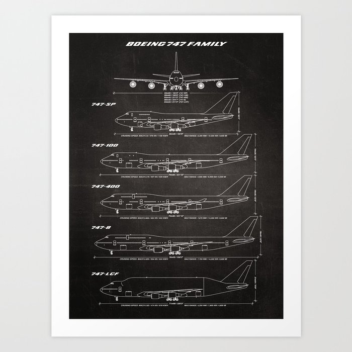 Boeing 747 Family Blueprint in High Resolution (black) Art Print