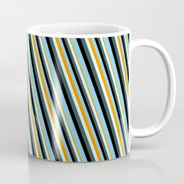 [ Thumbnail: Eyecatching Dark Orange, Light Cyan, Dark Slate Gray, Black, and Sky Blue Colored Stripes Pattern Coffee Mug ]