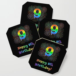 [ Thumbnail: 9th Birthday - Fun Rainbow Spectrum Gradient Pattern Text, Bursting Fireworks Inspired Background Coaster ]