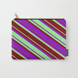 [ Thumbnail: Green, Maroon, and Dark Violet Colored Lined/Striped Pattern Carry-All Pouch ]
