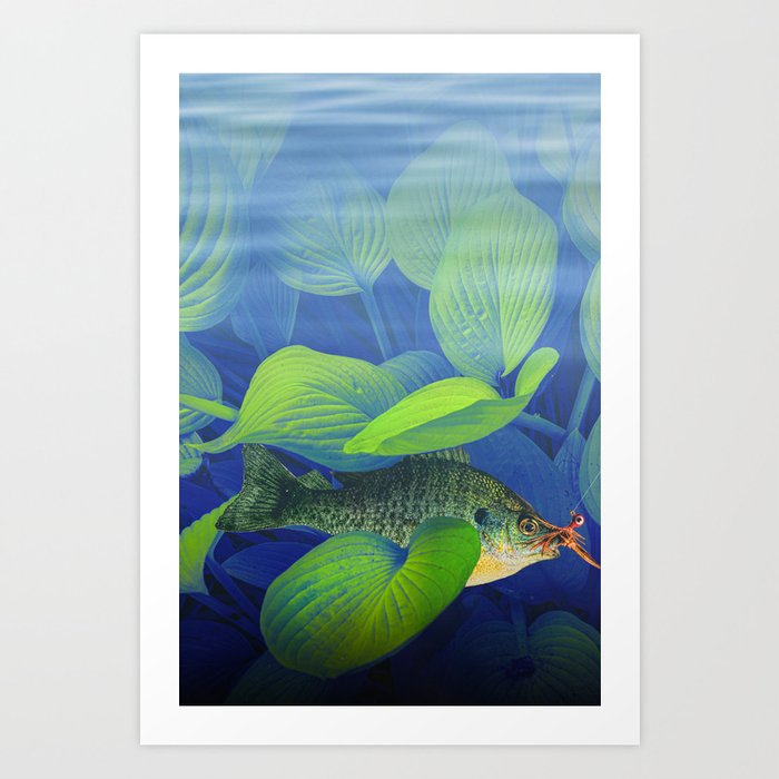 Bluegill Sunfish hooked with a jig lure underwater among green foliage Art Print