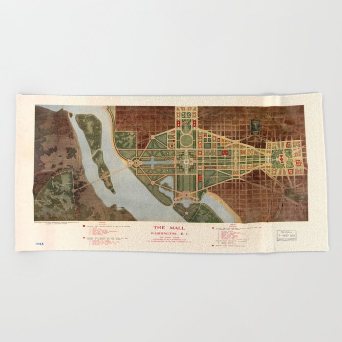 The Mall, Washington D.C. Map (1915) Beach Towel