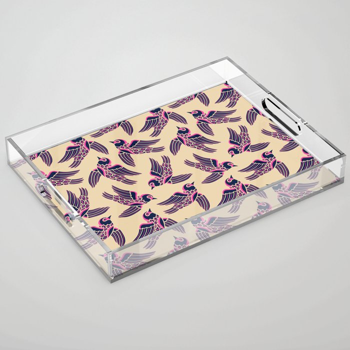 BIRDS FLYING HIGHER in DARK BLUE AND PINK ON SAND Acrylic Tray