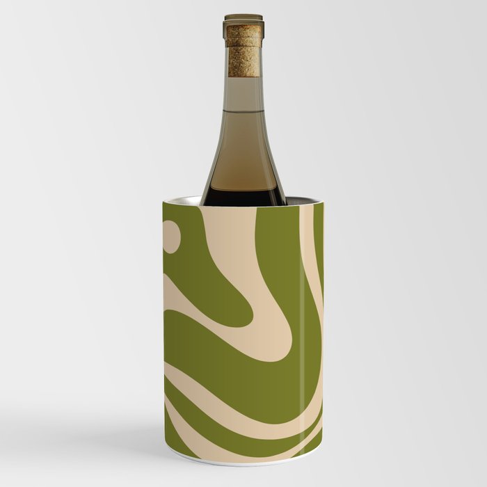 Retro Modern Liquid Swirl Abstract Pattern Square in Mid Mod Olive Green and Beige Wine Chiller