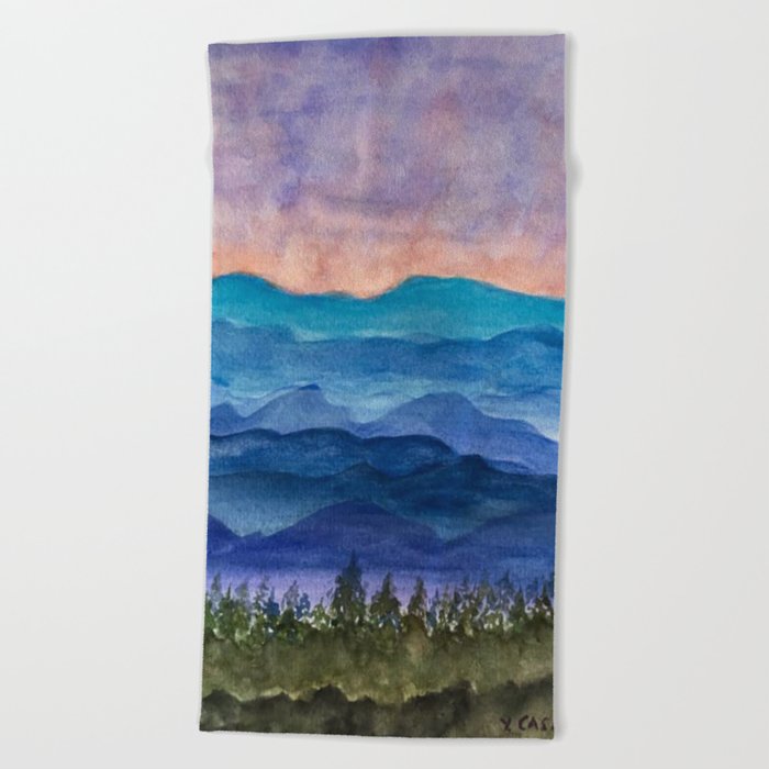 Blue Ridge Mountains Sunrise Original Watercolor Painting Beach Towel