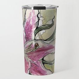 Stargazer Lily - Tiger Lily - Watercolor Flower Painting floral pink green  Travel Mug