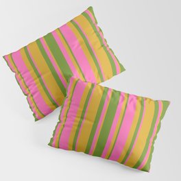 [ Thumbnail: Green, Goldenrod & Hot Pink Colored Lined Pattern Pillow Sham ]