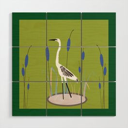 Egret Amongst Cattails - Green Wood Wall Art