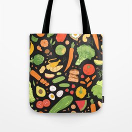 Seamless pattern with dietary food, wholesome grocery products, natural organic fruits, berries and vegetables on black background. Hand drawn realistic vintage illustration Tote Bag