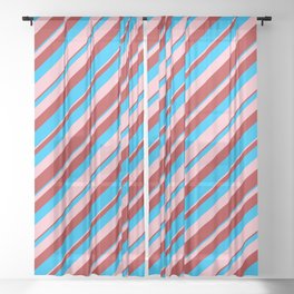 [ Thumbnail: Deep Sky Blue, Pink, and Red Colored Lined/Striped Pattern Sheer Curtain ]