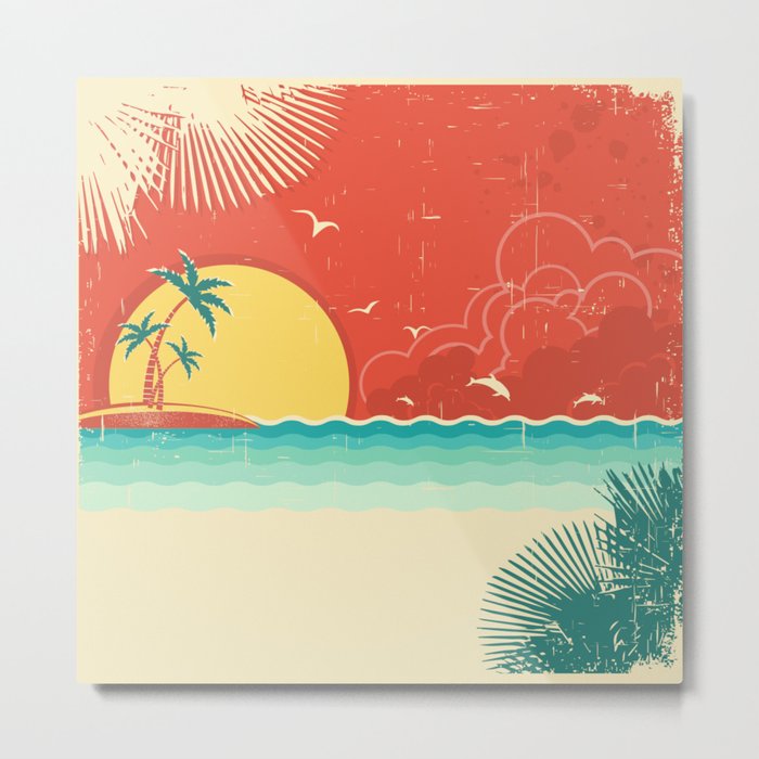 Vintage nature tropical seascape background with island and palms decoration on old paper poster texture.  Metal Print