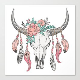 Boho Longhorn Cow Skull With Feathers And Peach Flowers Canvas