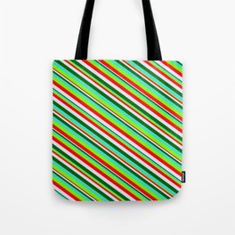 [ Thumbnail: Vibrant Turquoise, Green, Red, Lavender & Dark Green Colored Lined/Striped Pattern Tote Bag ]