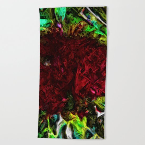 Red Flower in the Shadows and Bright Green Leaves Beach Towel