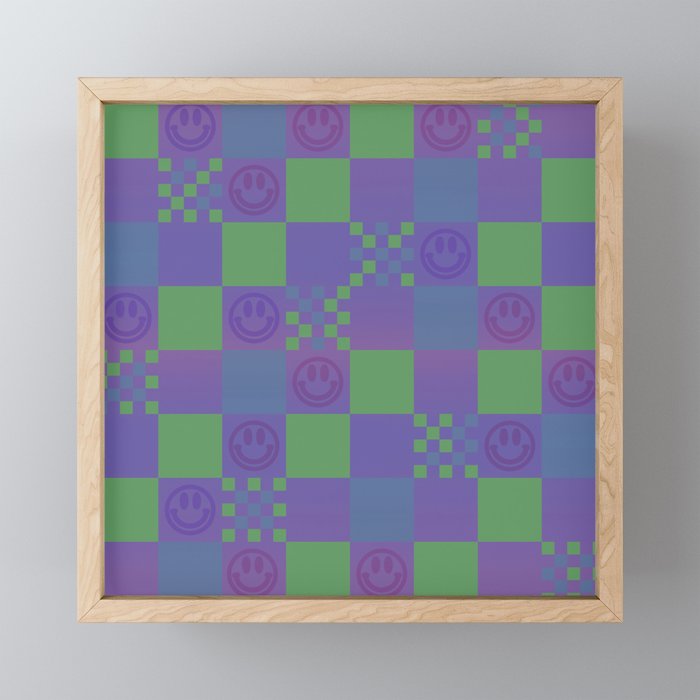 Checkered Smiley Faces Pattern (Purple | Indigo | Green) Framed Mini Art Print