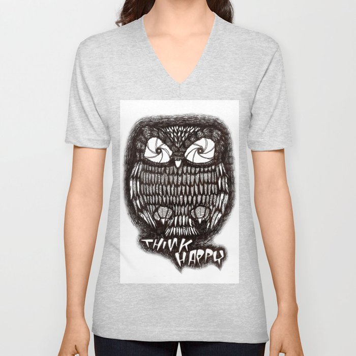 'Think Happy Owl' V Neck T Shirt