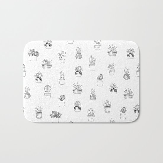 Potted Cactus Pattern Black and White Bath Mat