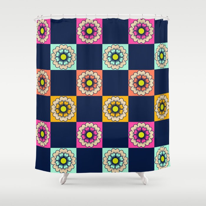 Bright block print flower checks - retro- navy, hot pink, yellow, orange Shower Curtain