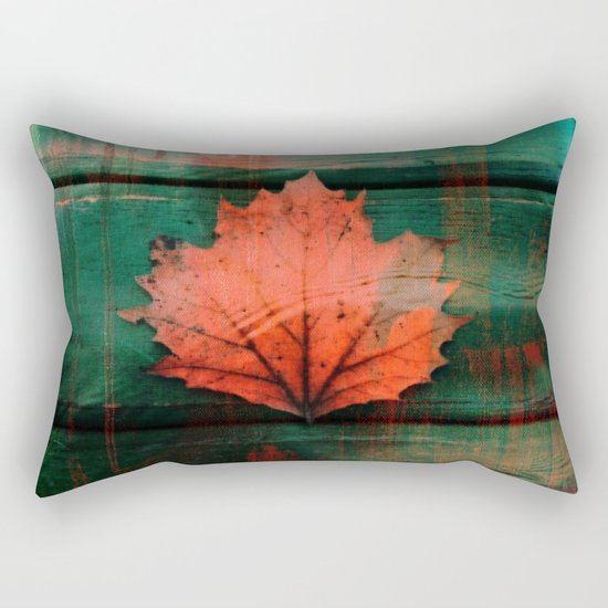 Rusty red dried fall leaf on wooden hunter green beams Rectangular Pillow
