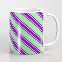 [ Thumbnail: Light Green & Dark Violet Colored Lines/Stripes Pattern Coffee Mug ]