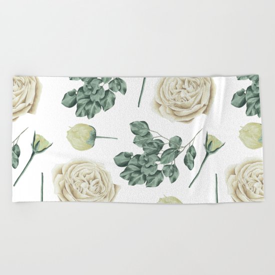 Flower Shop Ivory Cream Roses Pattern Beach Towel