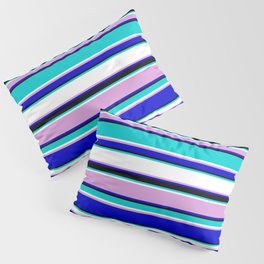 [ Thumbnail: Eye-catching Dark Turquoise, White, Plum, Blue & Black Colored Lined/Striped Pattern Pillow Sham ]