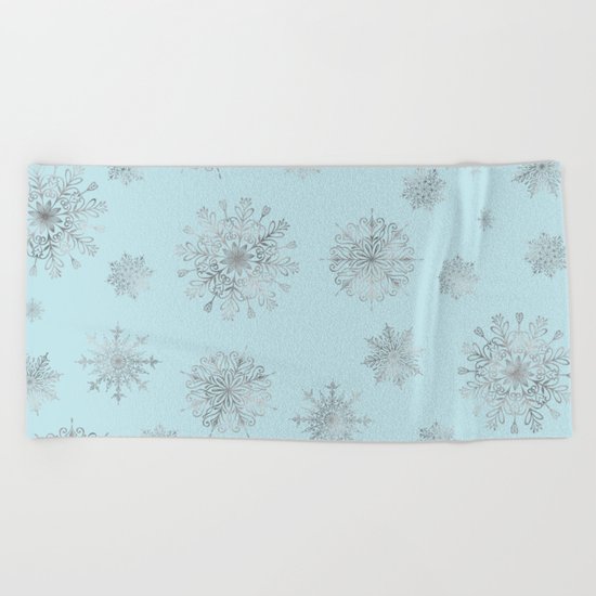 Assorted Silver Snowflakes On Light Blue Background Beach Towel