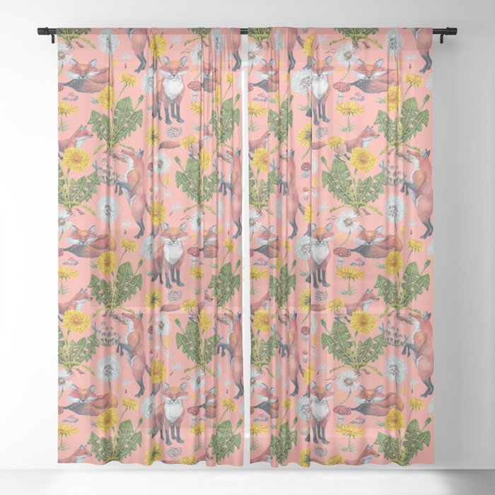 Dandelion Flowers with Foxes - pink Sheer Curtain