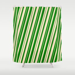 [ Thumbnail: Green & Bisque Colored Striped Pattern Shower Curtain ]
