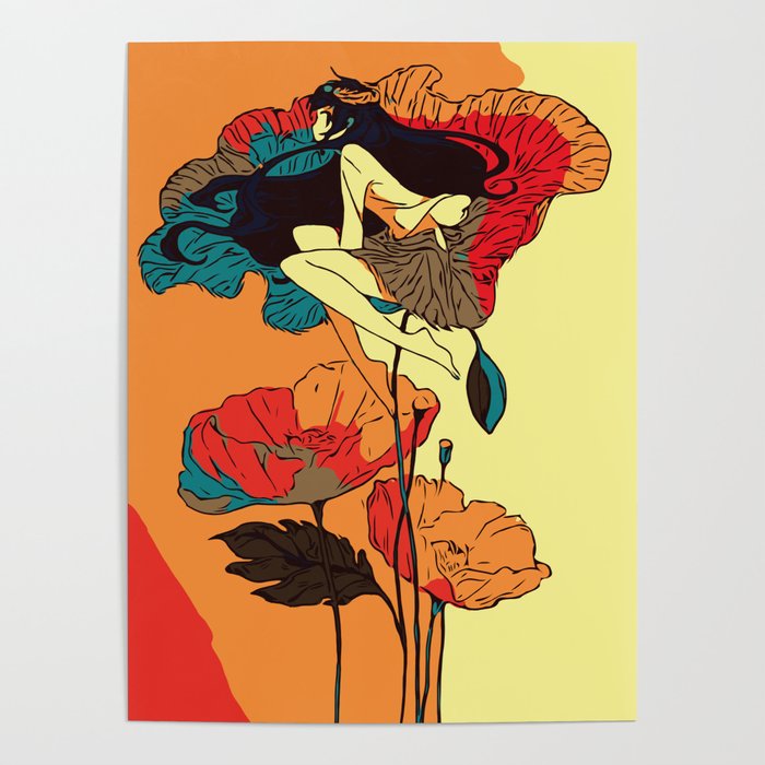 Poppies Girl in the Wind Poster