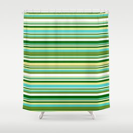 [ Thumbnail: Tan, Turquoise, Green, White, and Dark Green Colored Pattern of Stripes Shower Curtain ]