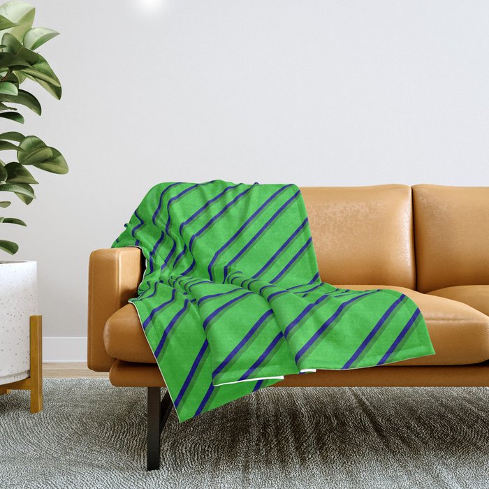 Lime Green, Blue, and Forest Green Colored Lined Pattern Throw Blanket