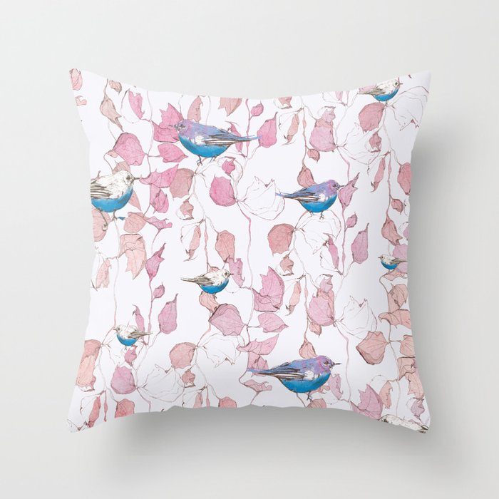 Bird surface pattern design - Light pastel pink (Screen printed) Throw Pillow