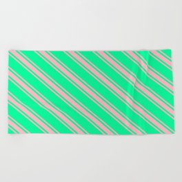 [ Thumbnail: Green & Light Pink Colored Lines Pattern Beach Towel ]