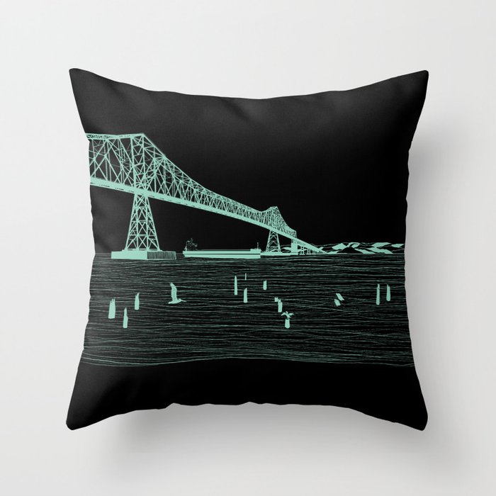 Gateway to the Sea Green on Black. Astoria-Megler Bridge by Seasons Kaz Sparks Throw Pillow